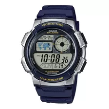 Reloj Pulsera Casio Youth Series Ae-1000 De Cuerpo Color Plateado, Digital, Para Hombre, Fondo Negro, Con Correa De Resina Color Azul, Dial Negro, Subesferas Color Gris, Minutero/segundero Negro, Bise