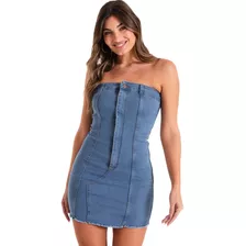 Vestido Mujer Jean Elastizado Strapless Ajustado Corto Mini