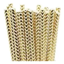 50 Canudos De Papel Dourado Metalizado Chevron Ouro