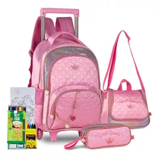 Kit Mochila Infantil Escolar Feminina Sereia Com Rodinhas