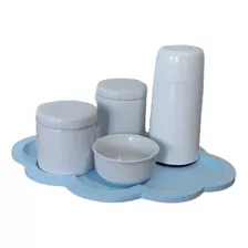 Kit Higiene Bebê Porcelana Branca Bandeja Nuvem Azul 5 Pçs