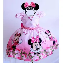 Vestido Festa Minnie Rosa E Preto Laço Luxo Com Tiara Luxo