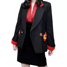 Blazer Saco Vintage Negro & Rojo Bordado Medium 100% Lana