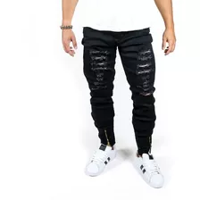 Calça Masculina Jeans Sarja Skinny Slim Rasgada Com Zíper