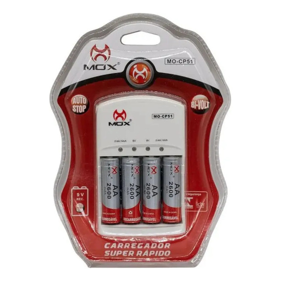 Carregador Com 4 Pilhas Aa Recarregável 2600 Mah Mo-cp51