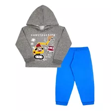 Conjunto Moletom Blusa Com Capuz Cinza Construção E Calça 