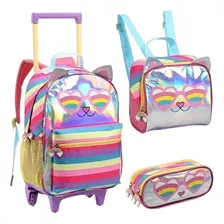 Mochila Escolar Infantil Rodinhas Gatinha Lancheira Estojo