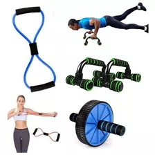 Kit Roda Abdominal+ Barra Apoio Flexão+ Elástico Treino Fit