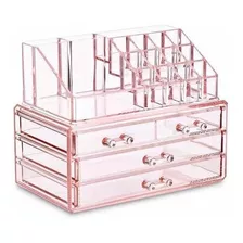 Organizador Maquillaje Acrílico Rosa 4 Cajones Grand+ 16 Div