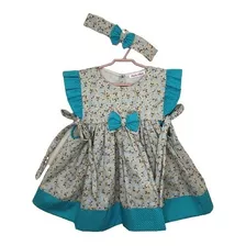 Vestido Bebê Flor Azul, Faixa De Cabeça, 6 A 12 Meses