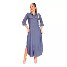 Vestido Longo Chemise Jeans Chambré Botões Fenda Lateral