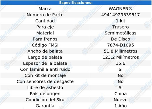 Kit De Balatas Semimetalicas Tra Wagner S40 L 4 2.0l 11 Foto 2