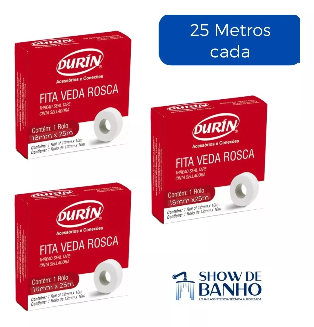 Fita Veda Rosca 25 Metros X 18mm Teflon 100% Puro 3 Unidades