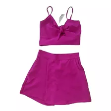 Conjunto Top Tirantes Y Short Falda, Rosa Mexicano