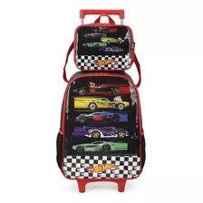 Kit Mochila Rodinha Infantil Lancheira Hot Wheels Carros