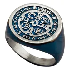 Anillo San Benito Acero Tornasol Azul Cardinal Para Regalo