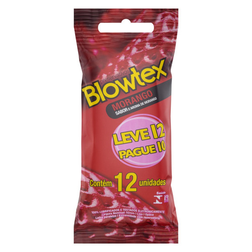 Preservativo Lubrificado Morango Blowtex Pacote Leve 12 Pague 10 Unidades