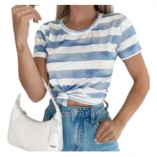 Tshirt Básica Feminina Gola O Malha Suplex Branco E Azul
