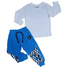 Calça Moletom Azul Camiseta Branca Infantil Menino Inverno