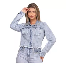 Jaqueta Jeans Feminina Pérola Strass Botão Marmorizada