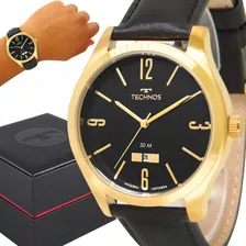 Relógio Dourado Technos Masculino Couro Original Garantia