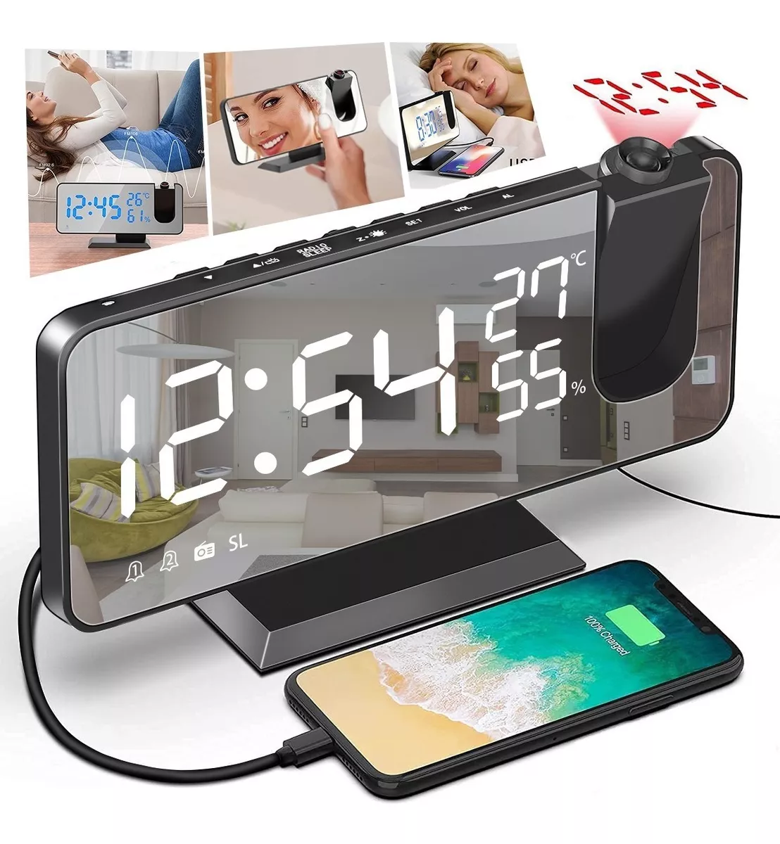 Reloj Despertador Digital Led Con Proyector Y Radio