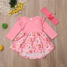 Vestido Bebe Rosa Malha Manga Longa Com Faixa Cabelo