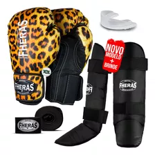 Kit Muay Thai Luva Bandagem Caneleira Bucal Onça 12oz