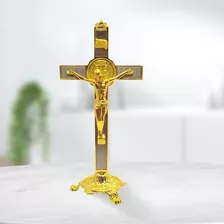 Cruz De Metal Crucifixo Mesa Parede Metal Dourada Linda 20cm Cor Dourado