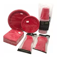 Súper Kit Rojo Desechables P 100 Platos Vasos Servilleta Cub