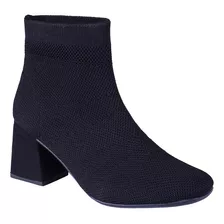 Bota Feminina Knit Meia Salto Grosso Bico Quadrado Médio