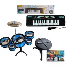 Kit Musical Infantil Mini Bateria Com Banquinho + Teclado Nf