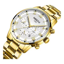 Reloj Nibosi Business Chronograph Para Hombre, Luminoso, Color De Fondo Dorado/blanco