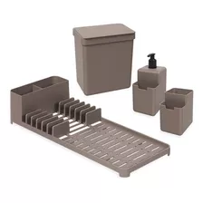 Kit Organize Sua Pia Dispenser Escorredor Lixeira Cinza 4 Un