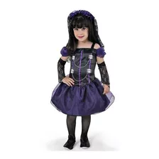 Roupa Halloween Infantil Vestido Noiva Dark Luxo C/ Veu Luva