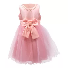 Vestido Satinado Para Niña Con Perlas Y Moño De Tul Fiesta