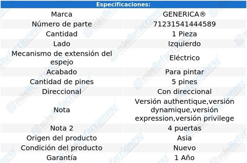 Espejo Izq Elect P/pintar C/direcc 5 Pines Fluence 11-17 Foto 2