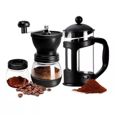 Combo Cafetera Prensa Francesa 600ml Molino Manual Graduable Color Negro