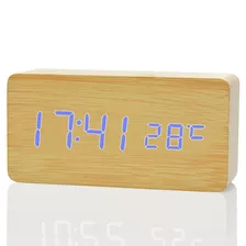 Relógio Mesa Madeira Digital Led Azul Decoração Termômetro