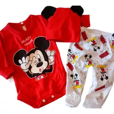 Set Conjunto Ajuar 3p Bebe Mickey Minnie Algodon Gorro Oreja