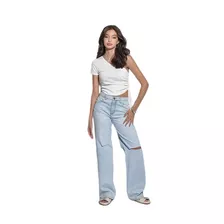 Calça Wide Leg Jeans Claro Feminino Amofany Rasgo No Joelho