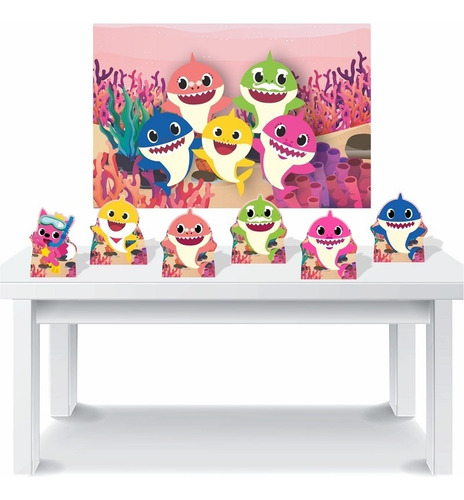 Kit 6 Displays Mesa E Painel Baby Shark Rosa Painel 100x70cm