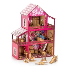 Casinha Boneca Barbie Adesivada Mdf E 36 Móveis + Parquinho