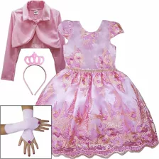 Vestido Infantil Rosa Luxo Tema Festa Realeza Princesa E Kit