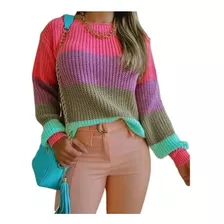 Blusa Feminina Tricô Tricot Listrada Colorida Moda Inverno