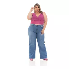 Calça Jeans Feminina Plus Size Wid Leg Básica Tendência