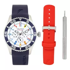 Reloj Nautica Nad13502g Para Hombre Malla Azul/rojo Bisel Azul Fondo Blanco