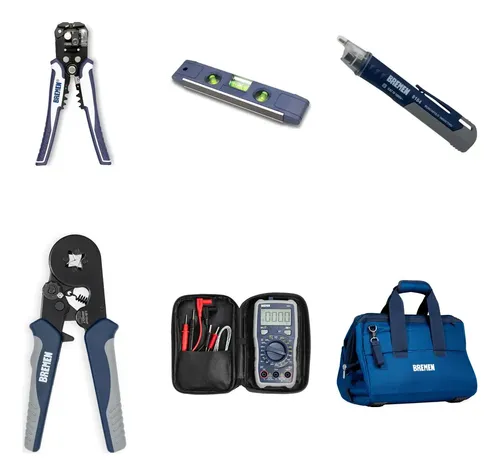 Kit Bremen: Destornilladores Aislados + Pelacables + Nivel 23cm + Buscapolo + Pinza Crimpeadora + Tester + Bolso 8661