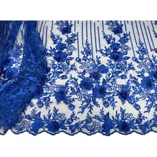 Tecido Renda Tule Bordado 3d - Azul Royal