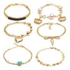 Kit Com 5 Pulseiras Femininas Folheadas A Ouro 18 K